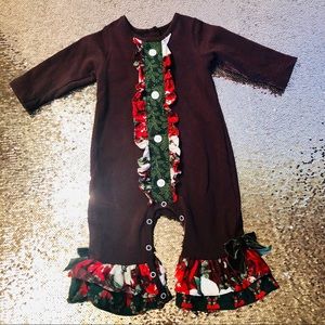 RICRAC & RUFFLES Chocolate Brown & Holly Romper